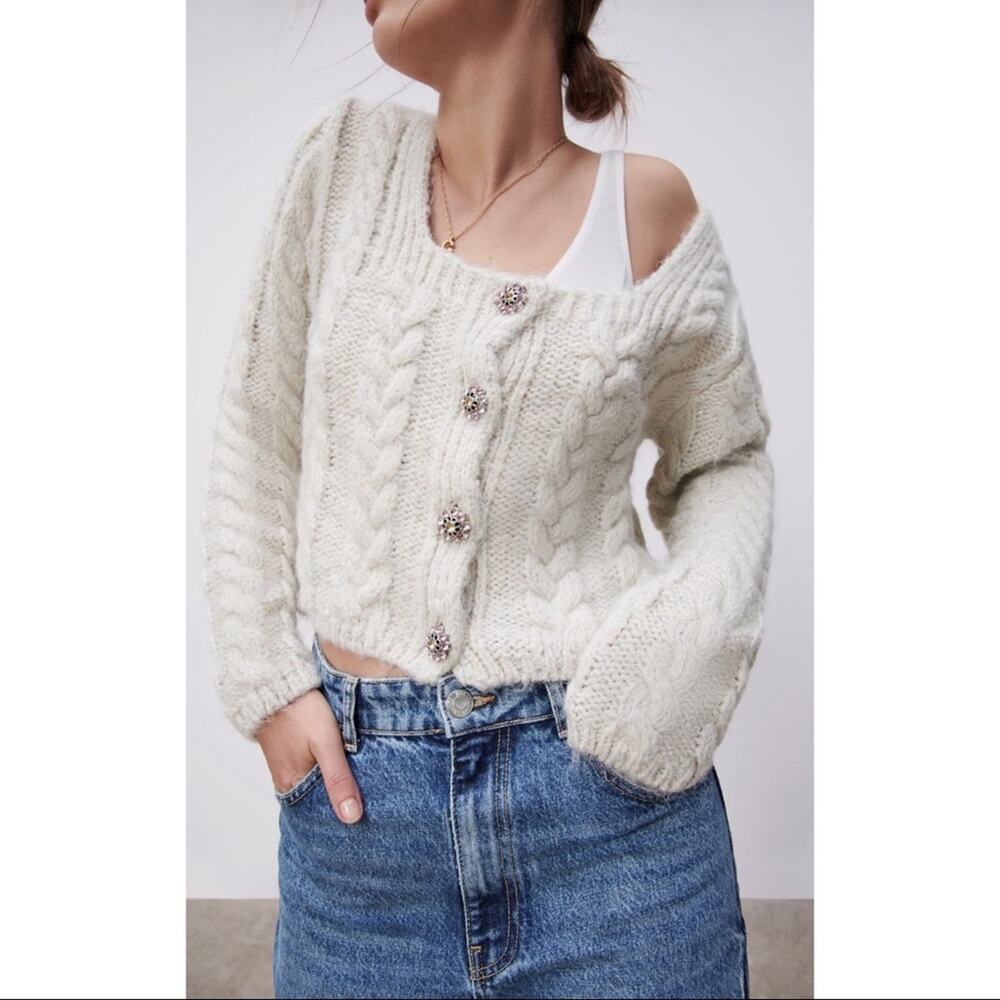 Zara Jeweled Button Cable Knit Sweater.